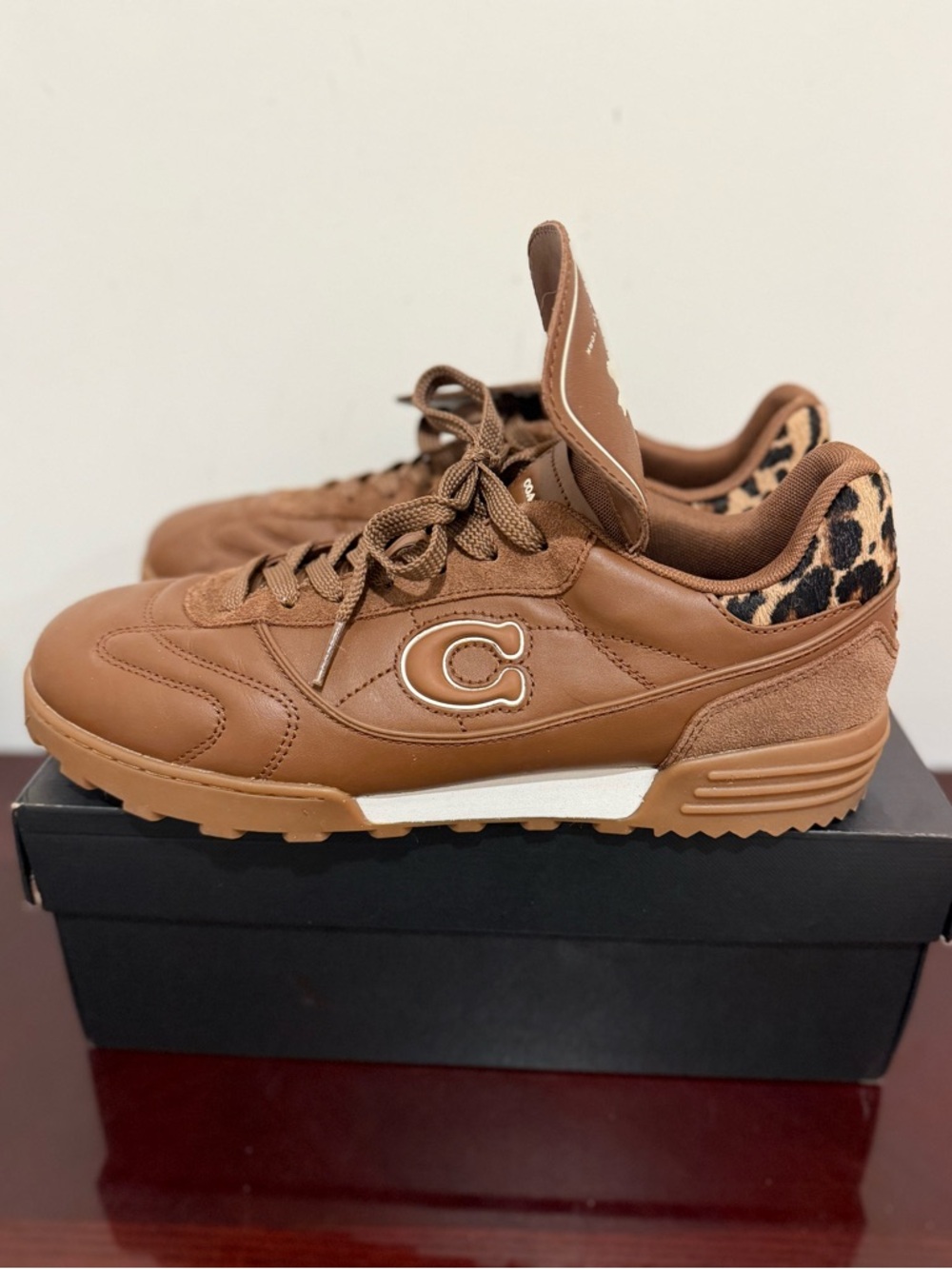 Coach Leather Sneakers Brown Leopard Trim Low Top Casual Women’s 11